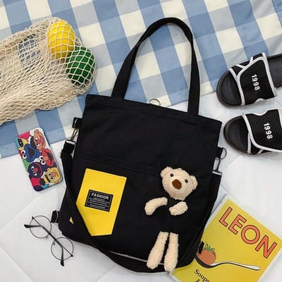 Dameshandtas Cartoon Schattig Enkele Schouder Crossbody Tas Grote Capaciteit Handtas Beer Modellen Canvas Tas 33*37*5cm zwart
