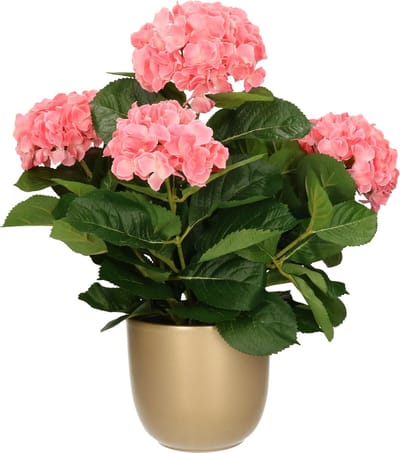 Hortensia kunstplant/kunstbloemen 45 cm - roze - in pot goud glans - Kunst kamerplant