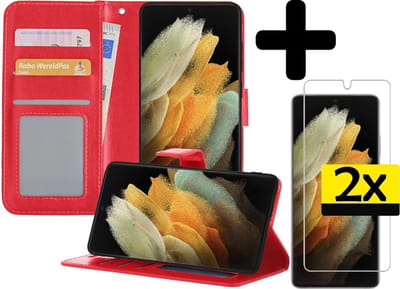 Hoesje - Met 2x Screenprotector - Geschikt voor Samsung Galaxy S21 Ultra - Luxe Pasjeshouder - Bookcase Portemonee - Flip Case - Kunstleer Book Case - Flipcase Hoes - Book Cover - Walletcase - Portemonneehoes - Telefoonhoesjes - Rood