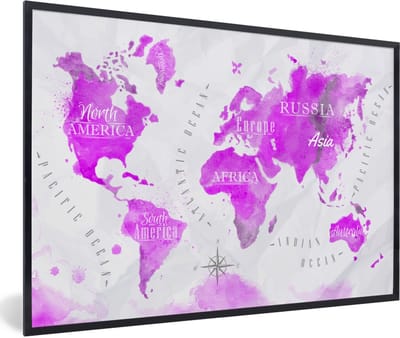Poster in lijst - Fotolijst 90x60 cm - Posters - Wereldkaart - Roze - Olieverf - Posterlijst zwart - Decoratie - Wanddecoratie woonkamer - Muurdecoratie slaapkamer