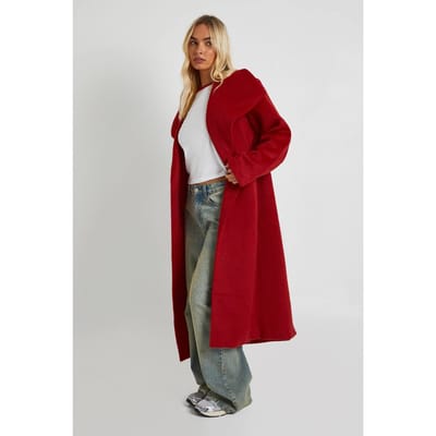 boohoo Dames Trenchcoat met oversized kraag en wollen look | Burgundy | Maat: 8