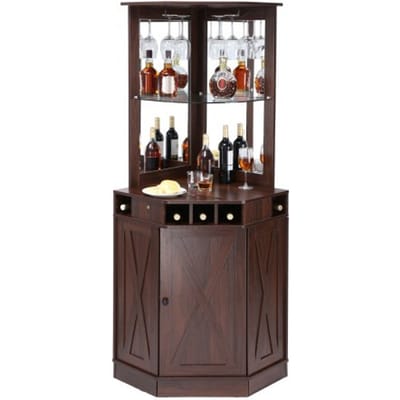VEVOR IndustriëLe Hoekbarkast, Wijntafel voor Sterke Drank en Glazen, Dressoir Buffetkast met Glazen Houder, Vrijstaande Boerderijhouten Koffiebarkast voor Woonkamer, Thuisbar, Walnoothout