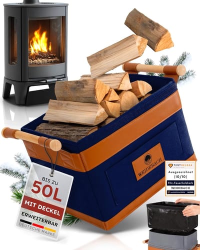 Weidebach Houten mand voor brandhout 35 l (uitbreidbaar tot 50 l), brandhoutmand donkerblauw heavy duty, brandhoutmand 40 cm x 30 cm x 30 cm, brandhoutmand met antisliphandvat, brandhoutopslag