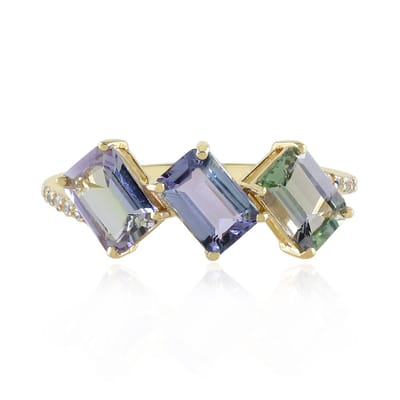 Cavill - Gouden ring dames 375 geelgoud met 3 onverhitte achthoekige Tanzanieten 2,035 ct en 10 sprankelende zirkonia's - Luxe moderne ring