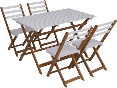 Set MCW-P72, zitgroep tuinmeubelset eetset 4x stoel tafel, acaciahout opvouwbaar ~ naturel-wit