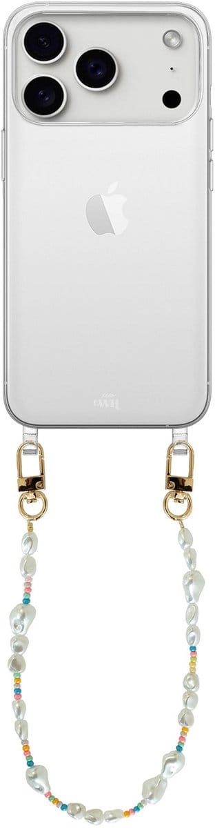xoxo Wildhearts siliconen hoesje - Geschikt voor iPhone 17 Pro Max hoesje - Beachy Vibes - Telefoonhoesje - Hoesje met koord - Korte parelketting / kralenketting - kort telefoonkoord - Transparant hoesje (korte variant)