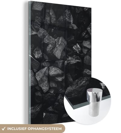 Glasschilderij zwart wit - Zwart - Wit - Stenen - Gesteente - 120x180 cm - Muurdecoratie - Decoratie slaapkamer