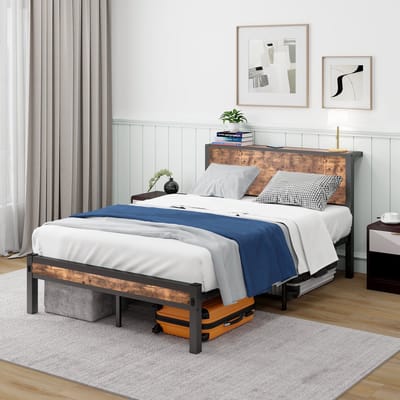 Merax Twijfelaar 120x200 cm – Zwart Metaal met Vintage Bruin – Bedframe met Plank op Hoofdbord – Industrieel Design – Stevige Lattenbodem