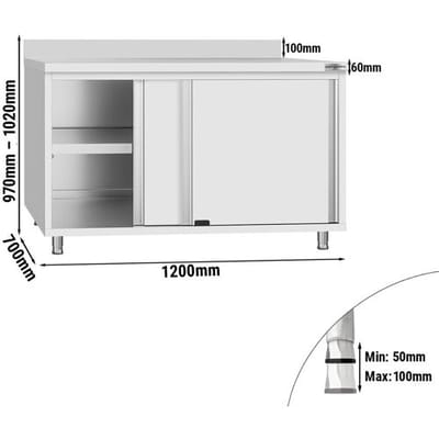 GGM Gastro Edelstahl Arbeitsschrank ECO - 1200x700mm - mit Schiebetür & Aufkantung Zilver