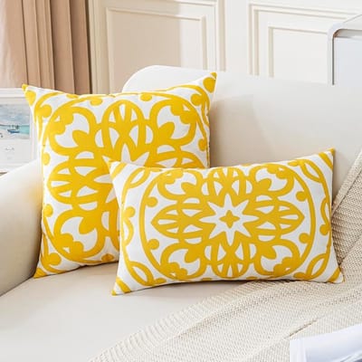 Famanu - Kussensloop 45 x 45 cm, geel, kussenhoezen, sierkussen, mandala, boho, kussenhoezen, bankkussens, zacht fluweel, bankkussens voor woonkamer, bank, slaapkamer, set van 2