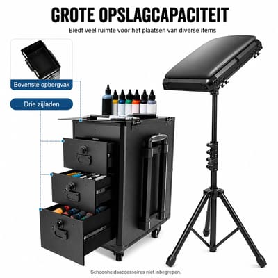 NordHaus Cosmetische Koffer met Wielen - Professionele Make-up Trolley - Tattoo Werkstation met Verstelbare Armsteun - 3 Laden en Cijferslot - Zwart