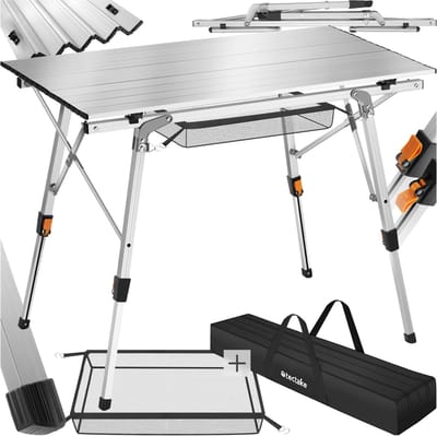 tectake® Campingtafel - Klaptafel van aluminium - Oprolbaar tafelblad - Opvouwbare campingtafel - Reistafel - Tuintafel - Weerbestendig - In hoogte verstelbare poten - Draagtas - Afmeting (LxBxH) 90 x 52 x 47 - 70 cm - Zilverkleurig
