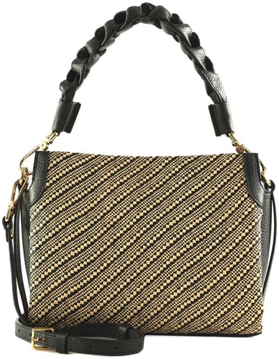 COCCINELLE Leren Handtas Schoudertas Boheme Bicolor Straw Handbag Multi Noir / Noir Beige