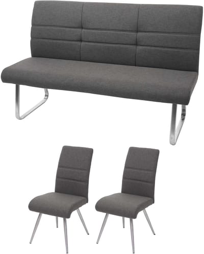 Set 2x eetkamerstoel + bankje MCW-G55, bankje keukenstoel stoel, stof/textiel roestvrij staal ~ grijsbruin bankje 180cm