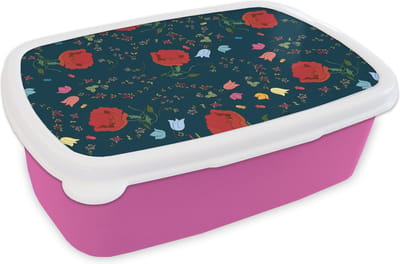 Broodtrommel Roze - Lunchbox - Brooddoos - Regenboog - Bloemen - Design - 18x12x6 cm - Kinderen - Meisje