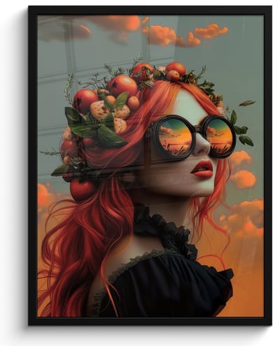 Poster in lijst - Fotolijst 50x70 cm - Posters - Vrouw - Kroon - Tomaat - Bascilicum - Zonnebril - Posterlijst zwart - Decoratie - Wanddecoratie woonkamer - Muurdecoratie slaapkamer