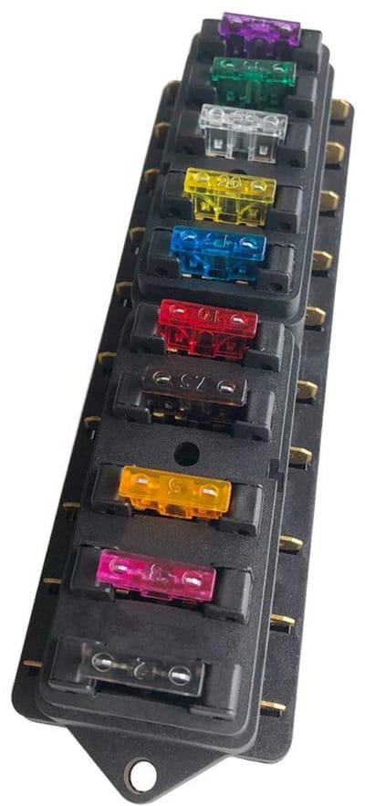 Cosensi - Premium 10 Way Fuse Box - Universele Fusehouder - Voor Auto en Boot - Zwart - Inclusief 10 Standaard Fuses - 35 Amps