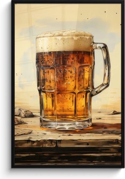 Poster in lijst - Fotolijst 80x120 cm - Posters - Vintage - Bier - Pul - Hout - Tafel - Drinken - Posterlijst zwart - Decoratie - Wanddecoratie woonkamer - Muurdecoratie slaapkamer