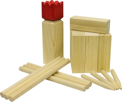 Carromco Kubb Vikingschaak Odin-M, gemaakt van dennenhout met rode koning, weerbestendige tas, buitenspeelgoed Vikingschaak hout Zweeds schaak groot