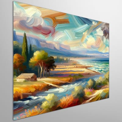 Olieverf landschap schilderij | Prachtig panorama geschilderd met levendige penseelstreken, olieverfkunstwerk in landschap | Kunst - 50x50 centimeter op Dibond | Foto op Dibond