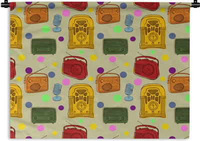 Wandkleed - Wanddoek - Vintage - Radio - Microfoon - Patroon - 120x90 cm - Wandtapijt