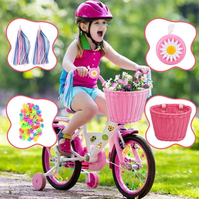 Fietsmand Kinderen - Gevlochten Mand - Fiets Decoratie - Inclusief Accessoires - 21 x 16 x 16 cm - Roze