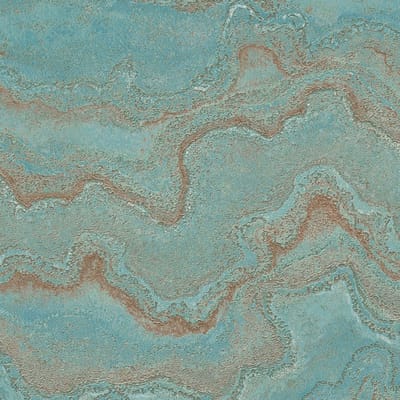 Grafisch behang Profhome 396591-GU vliesbehang hardvinyl warmdruk in reliëf gestructureerd in marmerlook en metallic effect blauw turquois goud 5,33 m2