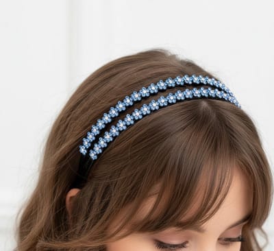 Zwarte dubbele haarband dames – metalen haarband met blauwe strass steentjes – glinsterende haar accessoire – elegante feestlook