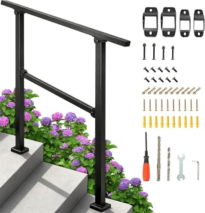 Handgreep voor buitentreden, smeedijzer voor trappen, geschikt voor 2-3 treden, verstelbare leuning voor porches, trapleuning voor binnen- en buitentrap, handgreepkit voor beton- of houten trappen