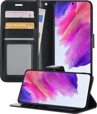 Hoesje - Met Pasjeshouder - Geschikt voor Samsung Galaxy S21 FE - Luxe Bookcase Portemonee - Flip Case - Kunstleer Book Case - Flipcase - Book Cover - Walletcase - Portemonneehoes - Telefoonhoesjes - Zwart