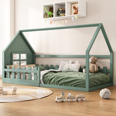 Vloerbed - 90x200 cm - Kinderbed Huisje - Laag Model - Hout - Groen