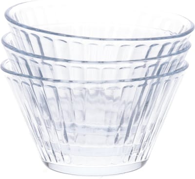 Excellent Houseware Kommetje/serveer schaaltje - 3x - ontbijt/hapjes - glas - streep relief - 300 ml - snackschaaltjes