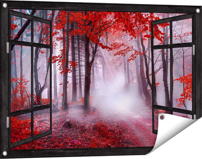 Gards Tuinposter Doorkijk Rood Bos met Bomen - 90x60 cm - Tuindoek - Tuindecoratie - Wanddecoratie buiten - Tuinschilderij