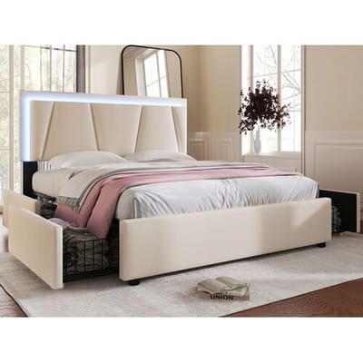 Merax Bed met LED-verlichting en 4 lades - 160 x 200 cm - linnen stof - lattenbodem - beige