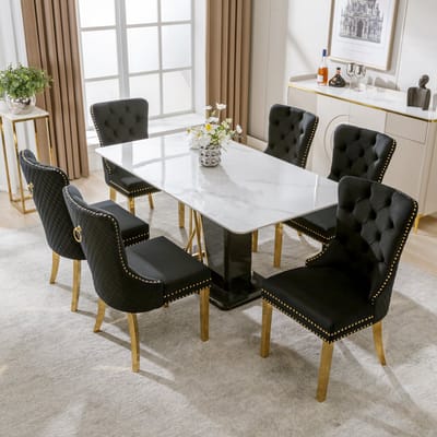 Eetkamerstoel - Set Van 6 - Zwart - Fluweelachtig materiaal - Metalen Poten - Eetkamerstoelen - Verstelbare voetjes - Keukenstoel - Draagvermogen 150KG - Scandinavisch Design