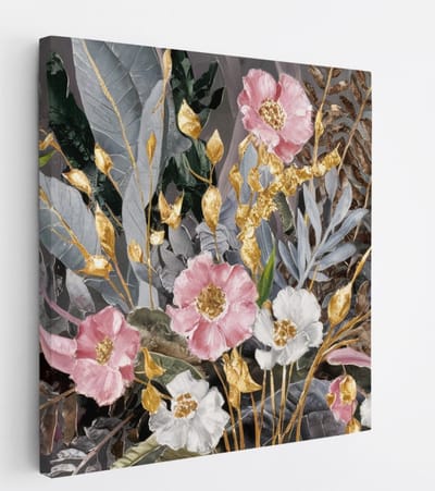 Saammp Canvas Schilderij - Abstracte bloemen met goud en roze - 20x20 - Foto op canvas - Wanddecoratie - Muurdecoratie Woonkamer - Kantoor Decoratie