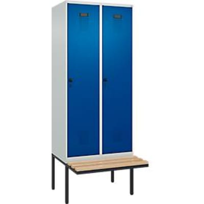 Kleiderspind C+P Evolo Plus, 2 Abteile à 400 mm Breite, schwebende Sitzbank, B 800 x T 815 x H 2120 mm, Drehriegel, lichtgrau/enzianblau