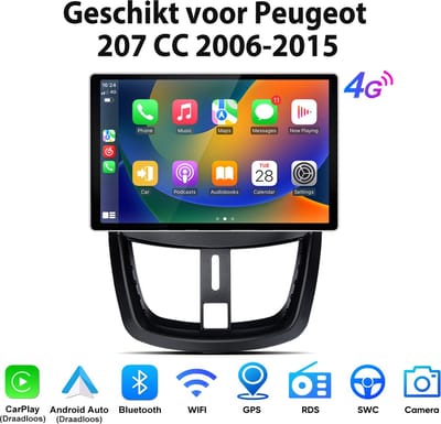 Junsun Android 15 Autoradio Geschikt voor Peugeot 207 CC 2006-2015 accessoires, 4GB+64GB, Draadloze CarPlay & Andriod Auto, DAB+, GPS-Navigatiesystem, WIFI & 4G SIM, Bluetooth, RDS, FM, SWC, 13.1-inch 2K Touchscreen, DSP, Octa-core processor