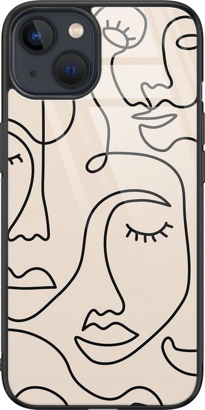 Hoesje geschikt voor iPhone 13 - Abstract gezicht lijnen - Luxe Glazen Hardcase - Hippe print - Bruin - Leuke Telefoonhoesjes