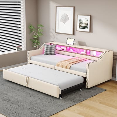 MEUNIQ Uitschuifbare slaapbank 90/180 x 200 cm met opbergvakken, LED-verlichting, USB-aansluiting, lattenbodem, gestoffeerd bedframe voor slaapkamer of woonkamer, beige