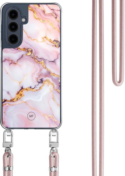Hoesje met koord geschikt voor Samsung Galaxy A16 - Marble pink - Inclusief Rosegoud koord - Crossbody beschermhoes - Transparant, Multi - Mooie Telefoonhoesjes