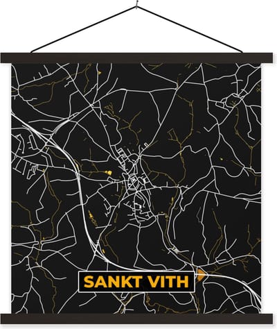 Posterhanger incl. Poster 60x60 cm - Schoolplaat - Sankt Vith - Goud - Plattegrond - Stadskaart - Kaart - Textielposter - Zwarte latten - Stadskaart