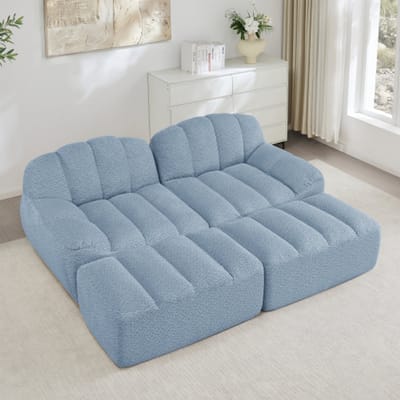 Modulaire tweezitsbank – inclusief 2 voetenbankjes – 32D-schuim met hoge dichtheid, zonder binnenwerk – geschikt voor de woonkamer en appartementen – antislipontwerp – zachte bekleding – blauw