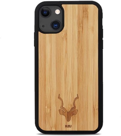 Kudu iPhone 15 Plus case - Houten backcover - Handgemaakt en afgewerkt met duurzaam TPU - Bamboe - Zwart