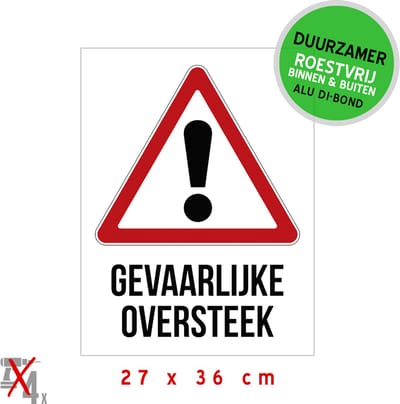 Pictogram/ bord Dibond | Let op! - "Gevaarlijke oversteek" | 27 x 36 cm | Wandelaars | Ruiters | Wandelaars | Straat oversteken | Gevaar | Duurzaam | Roestvrij | 1 stuk