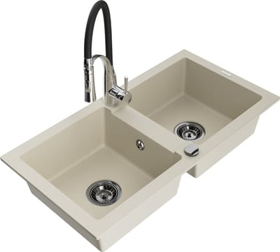 Mexen Mario granieten spoelbak met 2 kamers en keukenmengkraan Aster, beige - 6504-69-73450-07-B