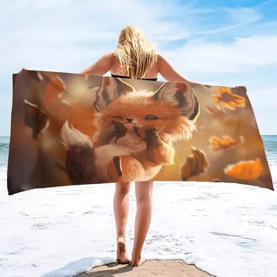 Serviette de Plage Renard Mignon Serviettes de Bain Animaux Sauvages Serviette de Salle de Bain Sport Bar pour Adultes Enfants Microfibre Douche Séchage Rapide Housse de Natation W40*H60(CM) beige
