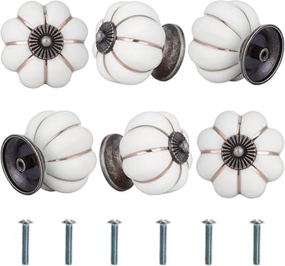 6 stuks pompoen meubelknoppen wit, vintage keramische knoppen wit, kastknoppen met schroeven, ladeknoppen voor kledingkast, woondecoratie, kast, commode, decoratieve meubelgrepen