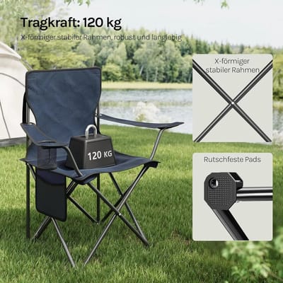 Zerova Campingstoel Set van 2 - Vouwstoel - Opvouwbaar Outdoor Stoelen - Met Draagtas - Bekerhouder en Zijvak - Marineblauw