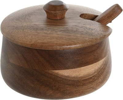 Items Luxe Suikerpot - Acacia hout - bruin - 10 x 8 cm - dispenser met lepel - Modern en Klassiek